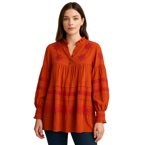Anthropologie Orange Tunic Pink Embroidery Oversized Blouse Size XS - Picture 1 of 11